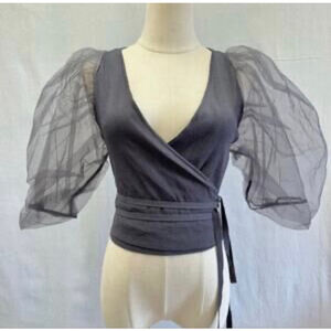 Zara Gray Wrap Blouse with Sheer Sleeves